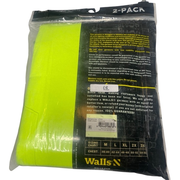 Walls Short Sleeve Working Man's Pocket Tees X-LARGE Hi Visible Yellow 2 Pack - Picture 2 of 2